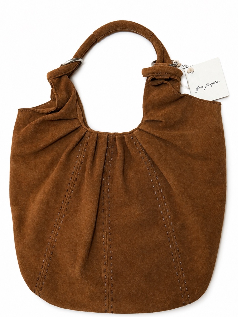 Free People Cognac Suede Leather Tote Bag NWT Scrunch Shoulder Hobo - Picture 8 of 9